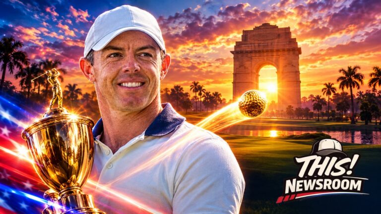 Rory McIlroy at the India Championship in Delhi with a golf course and sunset behind him