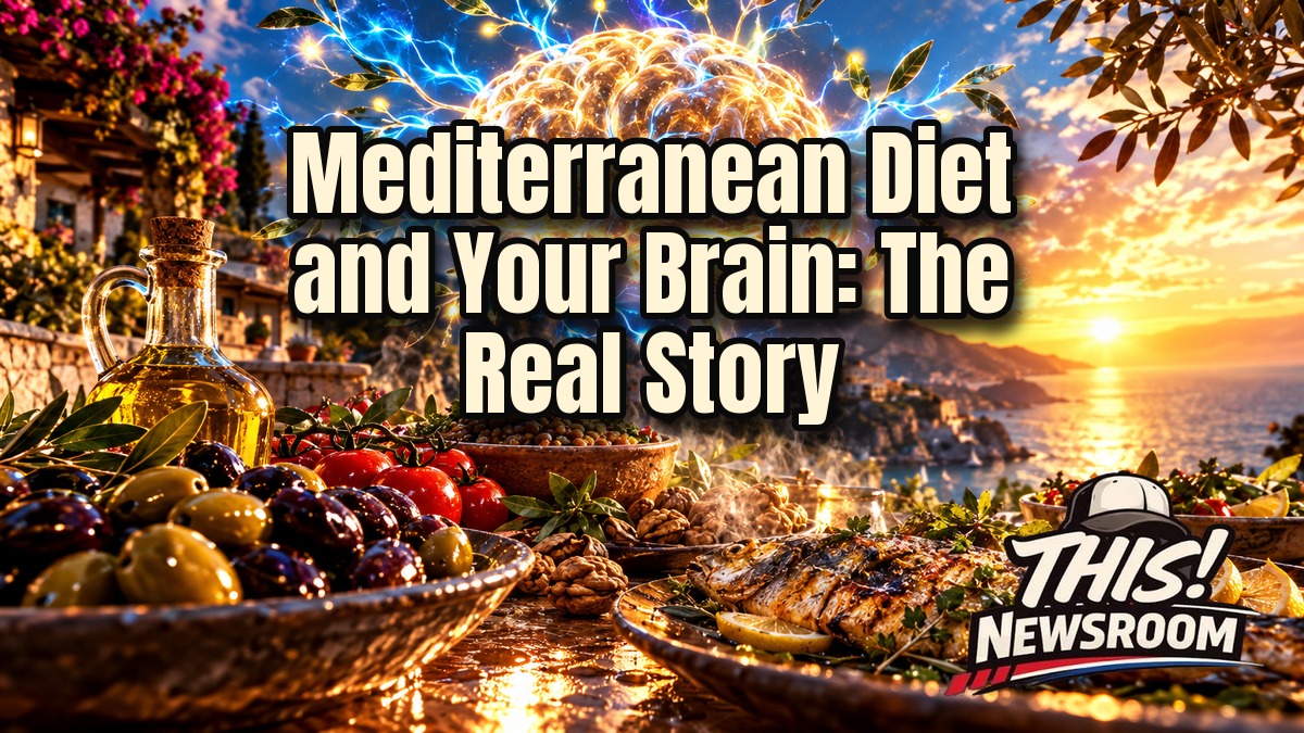 Mediterranean diet and cognition: a glowing brain above a table of olive oil, fish, vegetables and nuts