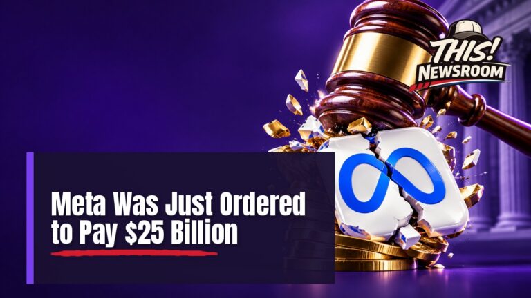Editorial illustration of a gavel striking a giant Facebook-style logo block with the Meta $25 billion penalty