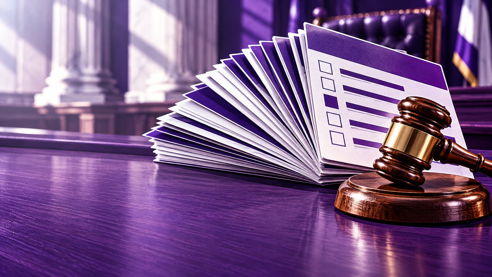 A judge's gavel rests beside a fanned stack of blank white data cards on a violet courtroom bench