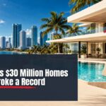 Bold illustration of a Miami waterfront luxury mansion beside a towering skyline of condos, showing the Miami luxury home sales record