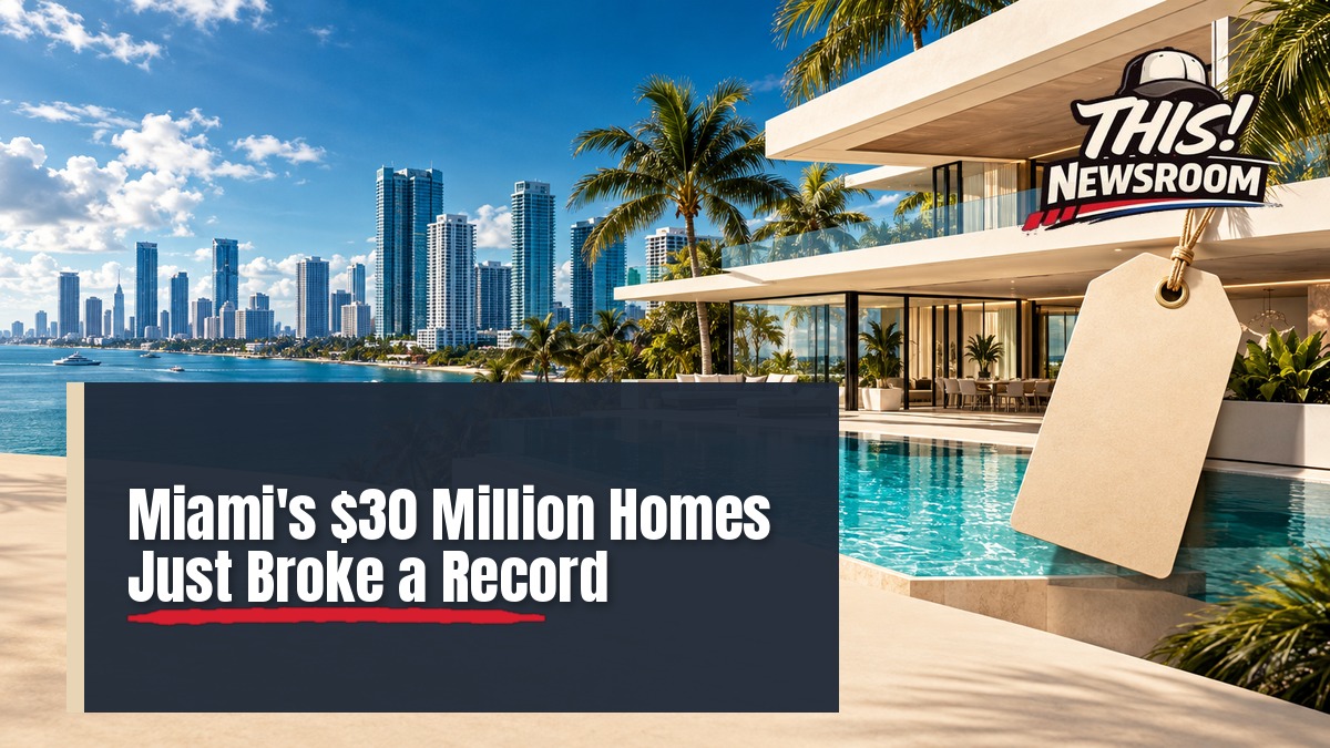 Bold illustration of a Miami waterfront luxury mansion beside a towering skyline of condos, showing the Miami luxury home sales record