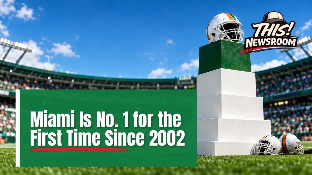 Football shaped like a trophy standing on a turf field, representing Miami at No. 1 in the AP poll