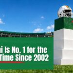Football shaped like a trophy standing on a turf field, representing Miami at No. 1 in the AP poll