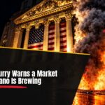 Wall Street at dusk in black and gold, a stock market supervolcano warning from Michael Burry