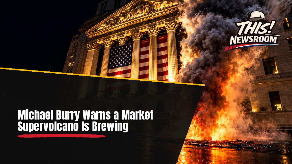 Wall Street at dusk in black and gold, a stock market supervolcano warning from Michael Burry
