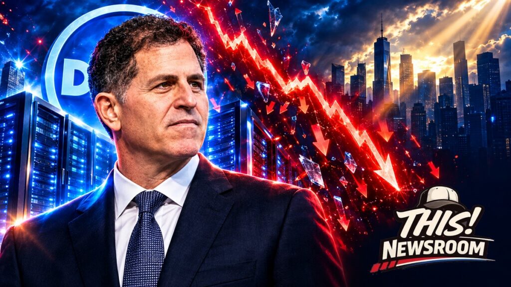 Michael Dell net worth plunge shown as a billionaire in front of a falling red stock chart and Dell logo
