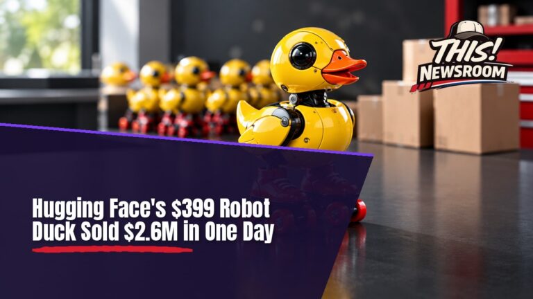 Microduck robot, a tiny yellow biped duck on roller skates, on a desk in front of a laptop