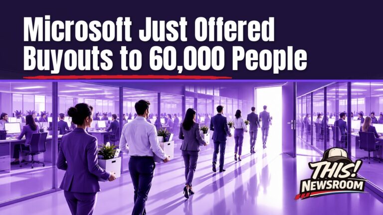 Bold violet editorial illustration of a Microsoft buyout offer, with an open office door and a stream of workers