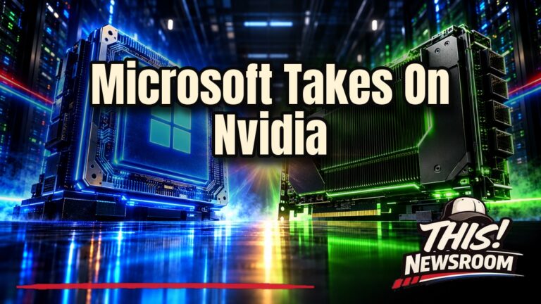 Glowing Maia 300 chip facing a Nvidia chip, illustrating Microsoft's push to cut reliance on Nvidia