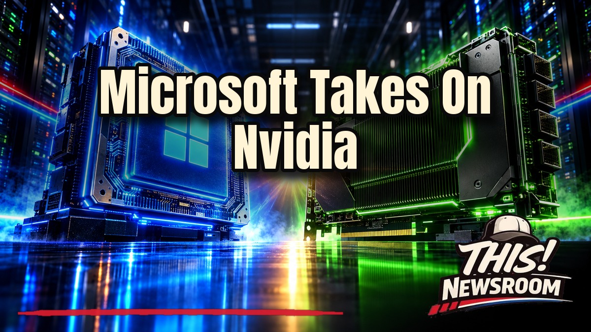 Glowing Maia 300 chip facing a Nvidia chip, illustrating Microsoft's push to cut reliance on Nvidia