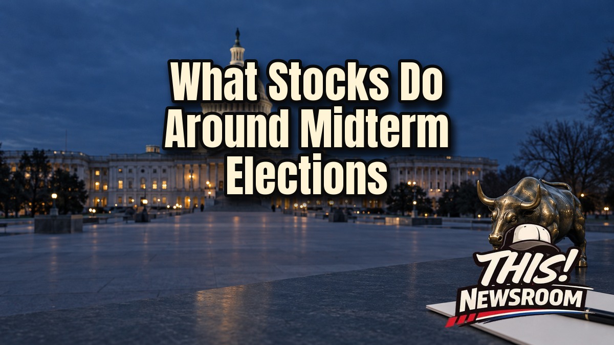 Editorial illustration of a Capitol dome beside a stock chart, depicting midterm election stock market history