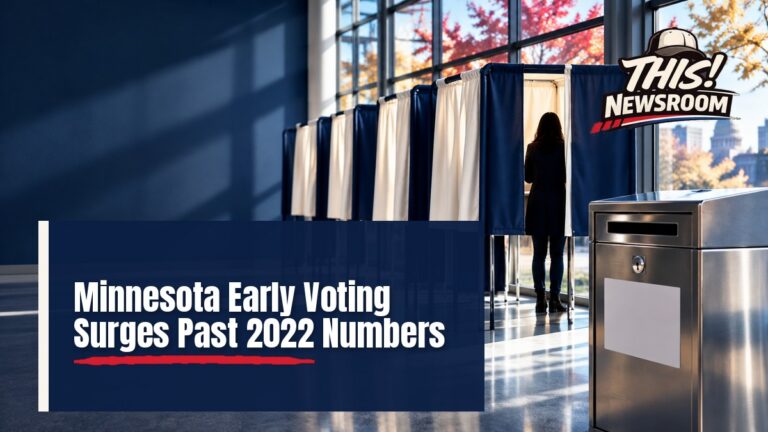 Minnesota early voting ballots on a table beside a river lake scene in autumn light