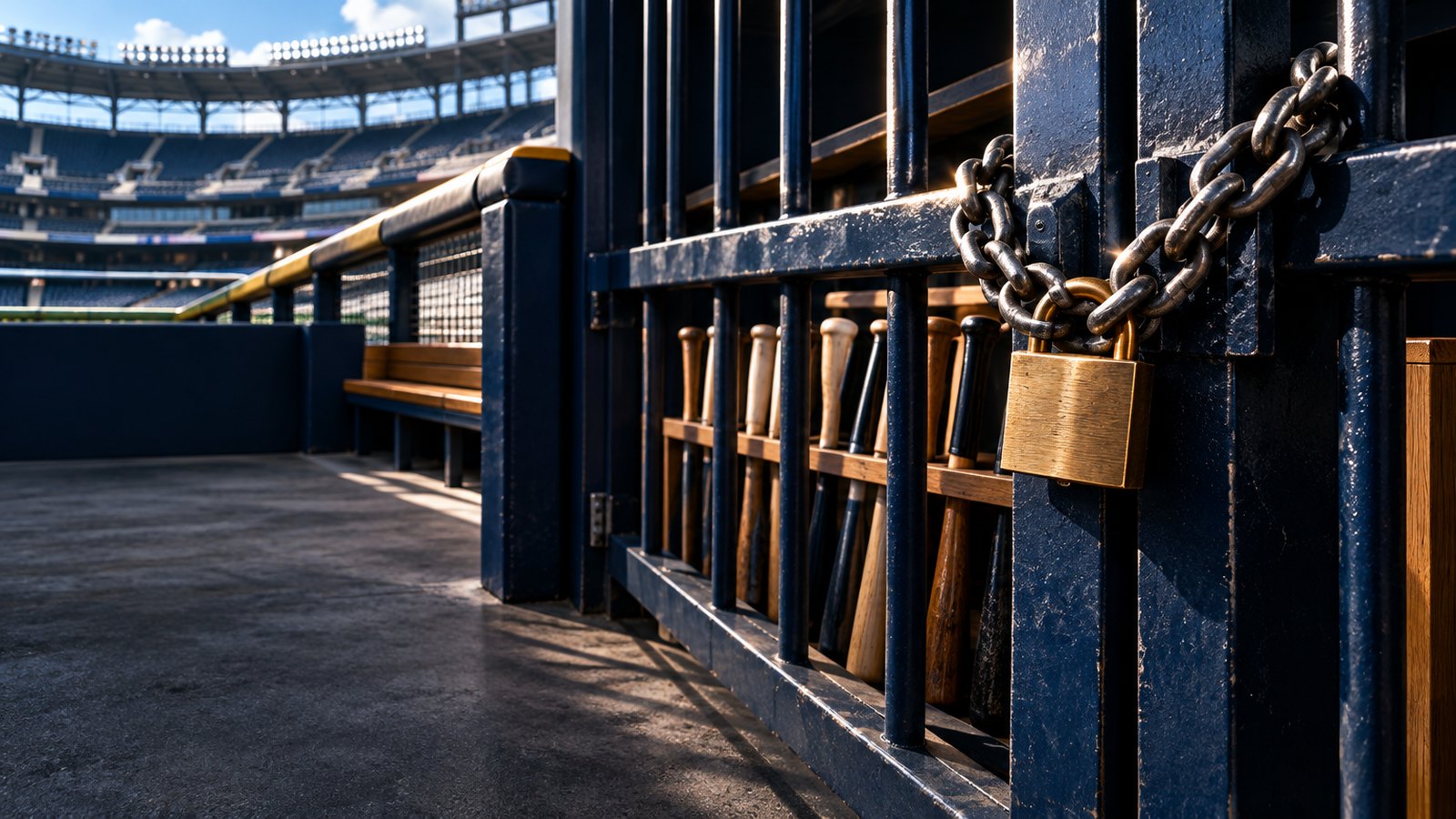 A chained and padlocked steel gate at a baseball dugout entrance with bats racked behind it
