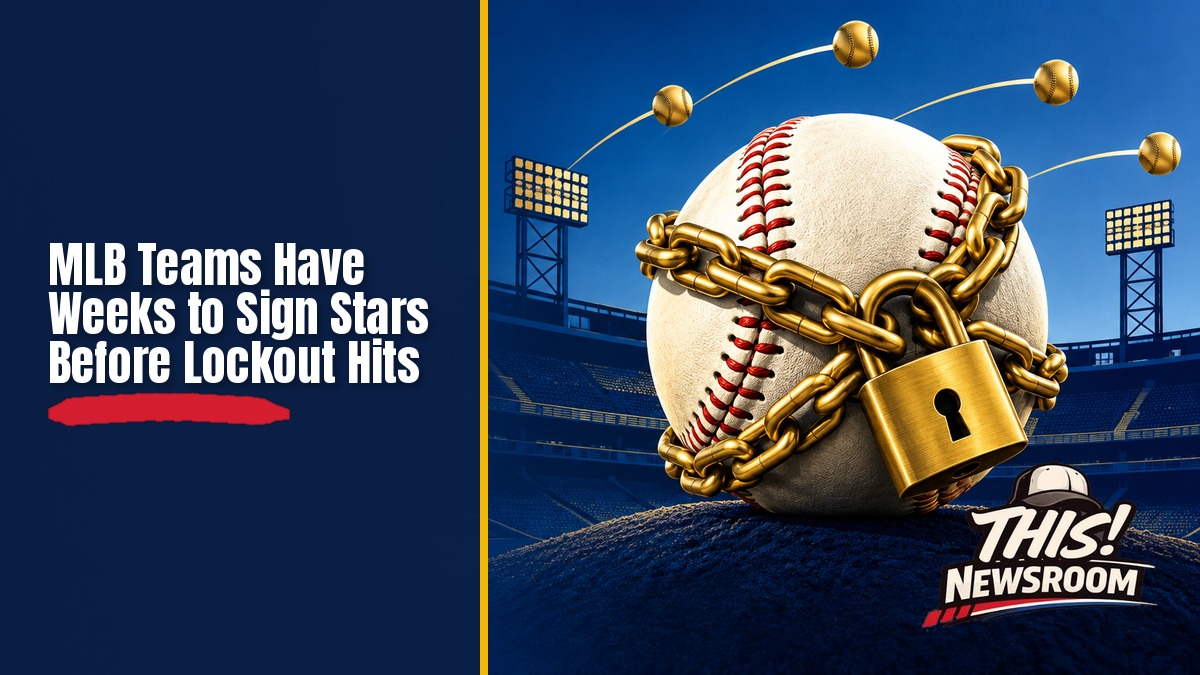 Bold navy and gold illustration of a baseball and a padlock over a stadium, MLB lockout free-agent frenzy