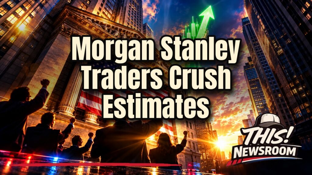 Morgan Stanley earnings: a glowing Wall Street trading floor beneath rising green arrows and red, white and blue light