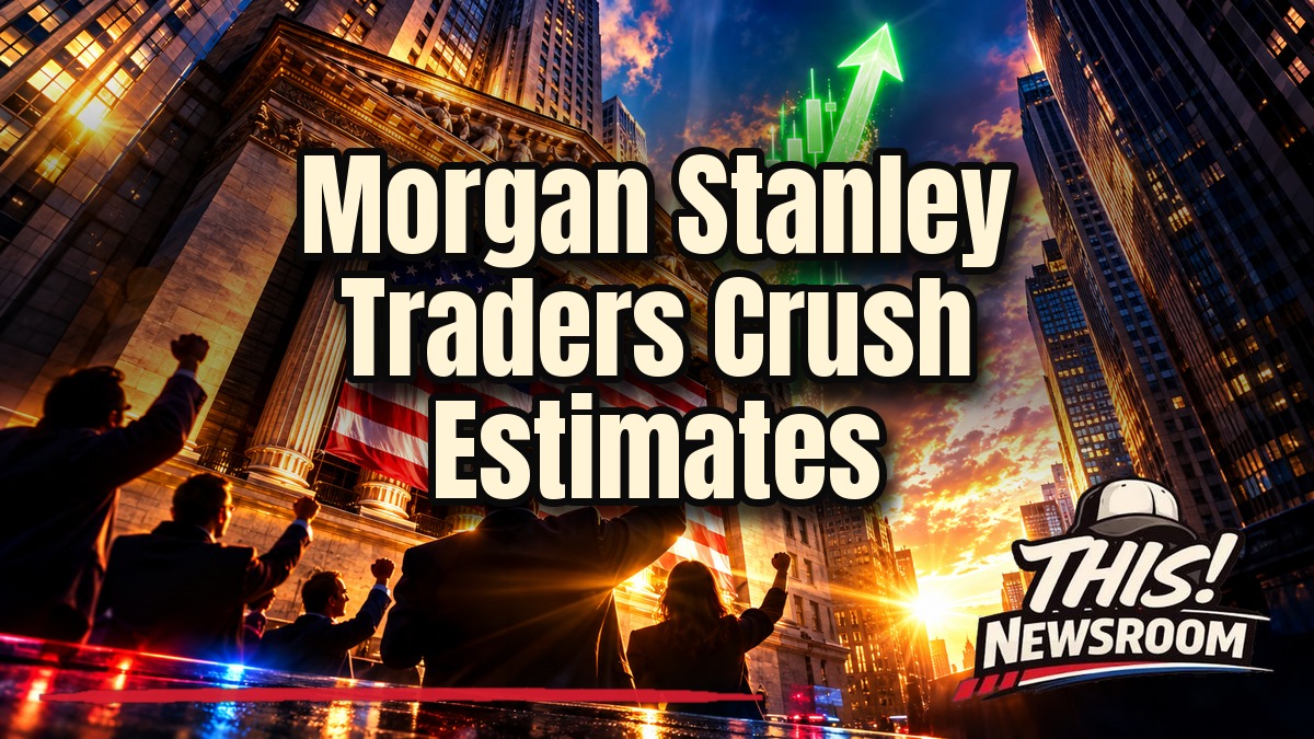 Morgan Stanley earnings: a glowing Wall Street trading floor beneath rising green arrows and red, white and blue light