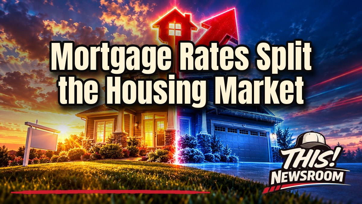 Mortgage rates 7.4% shown as a house split in two by a glowing red rate arrow at sunset