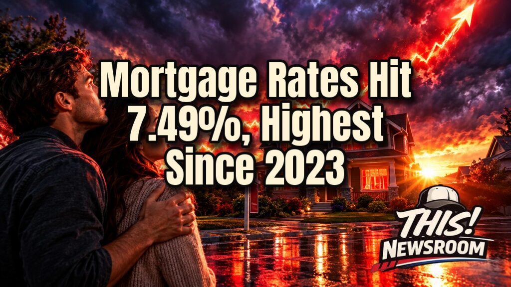 Cinematic illustration of a suburban house with a glowing 'for sale' sign under a stormy golden sunset, symbolizing rising mortgage rates