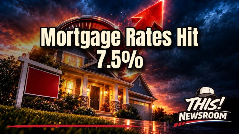 Mortgage rates today climbing near 7.5% shown with a house and a rising red arrow over a city skyline at sunset
