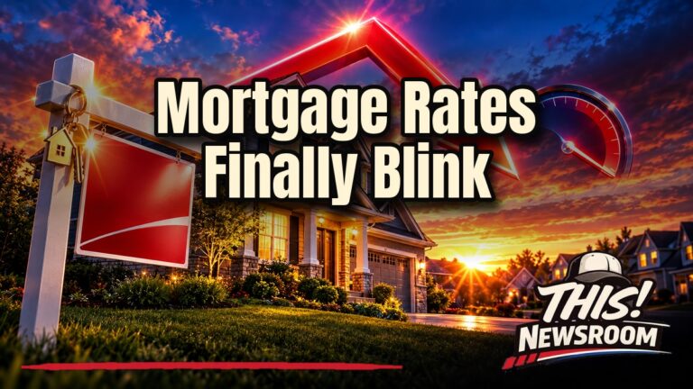 Row of suburban homes at sunset with a glowing red arrow dipping slightly, illustrating mortgage rates today