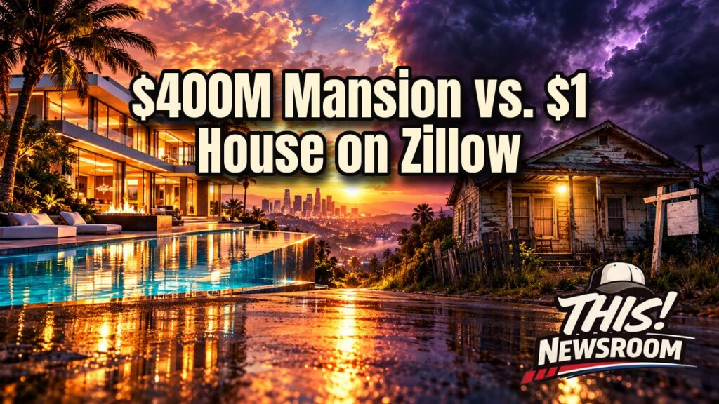 Glowing Bel-Air megamansion at sunset beside a tiny weathered house, illustrating the most expensive home for sale