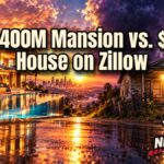 Glowing Bel-Air megamansion at sunset beside a tiny weathered house, illustrating the most expensive home for sale