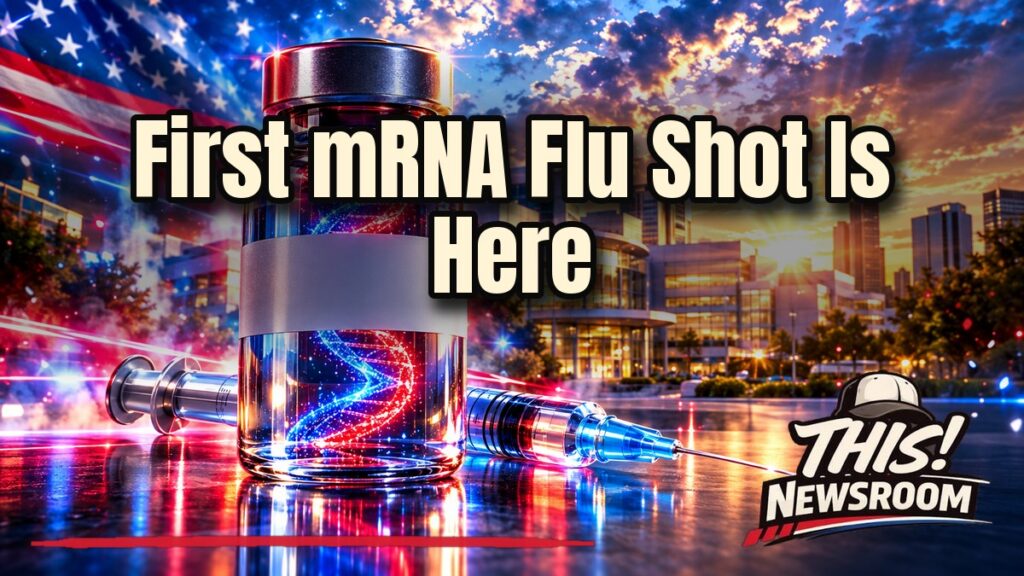 Glowing mRNA flu vaccine vial and syringe with a Moderna-style molecule over a clinic skyline