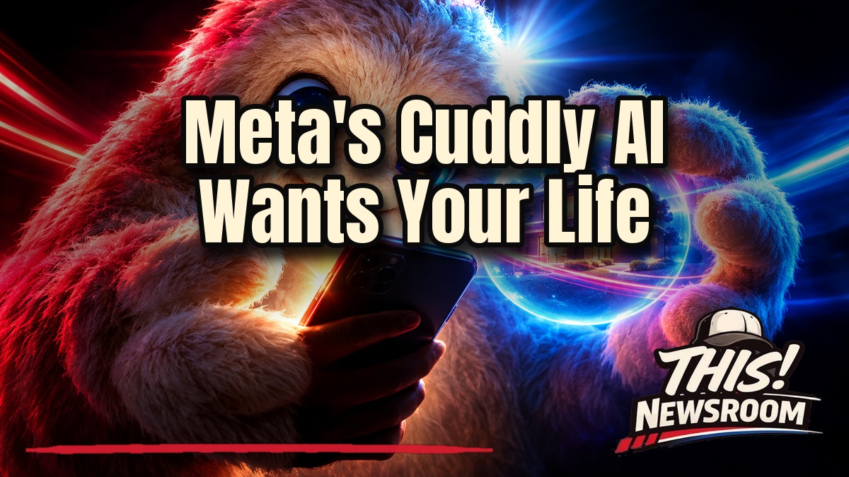 Fuzzy cream-colored Muse AI agent mascot in front of a glowing smartphone with red and blue light