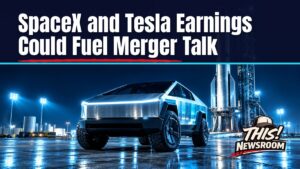 Rocket and electric car under a deep-space sky symbolizing Musk AI spending ahead of SpaceX and Tesla earnings
