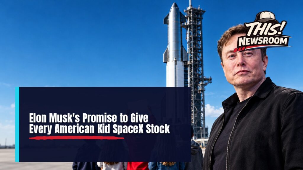 Elon Musk with a rocket and a group of American children, illustrating his SpaceX share pledge