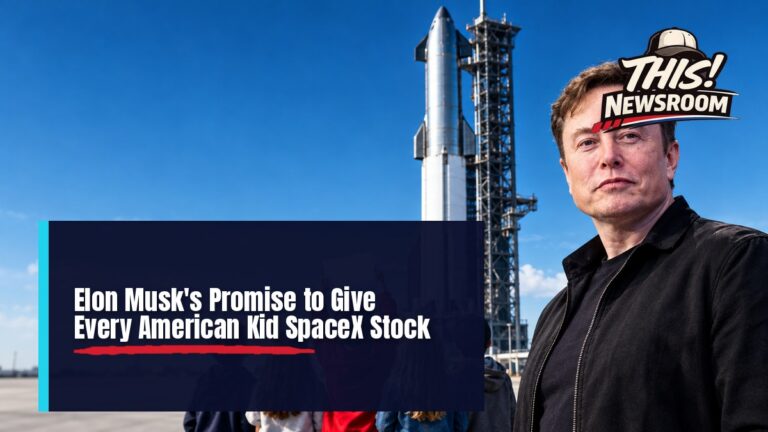 Elon Musk with a rocket and a group of American children, illustrating his SpaceX share pledge