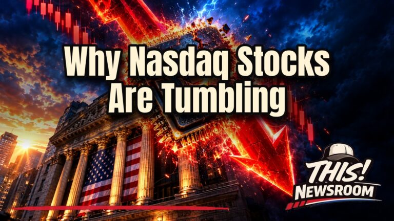 Nasdaq stocks tumbling as a red downward arrow cuts across a glowing AI chip over the Wall Street skyline