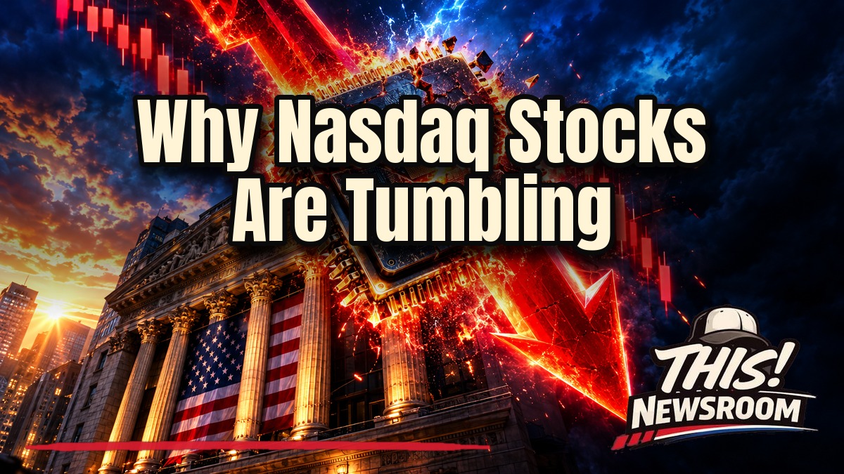 Nasdaq stocks tumbling as a red downward arrow cuts across a glowing AI chip over the Wall Street skyline