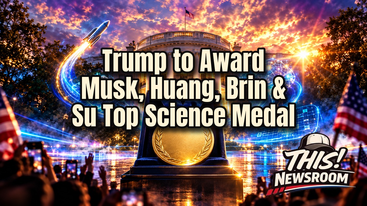 Cinematic illustration of the White House at golden hour with a gleaming National Medal of Science and tech leaders in the spotlight