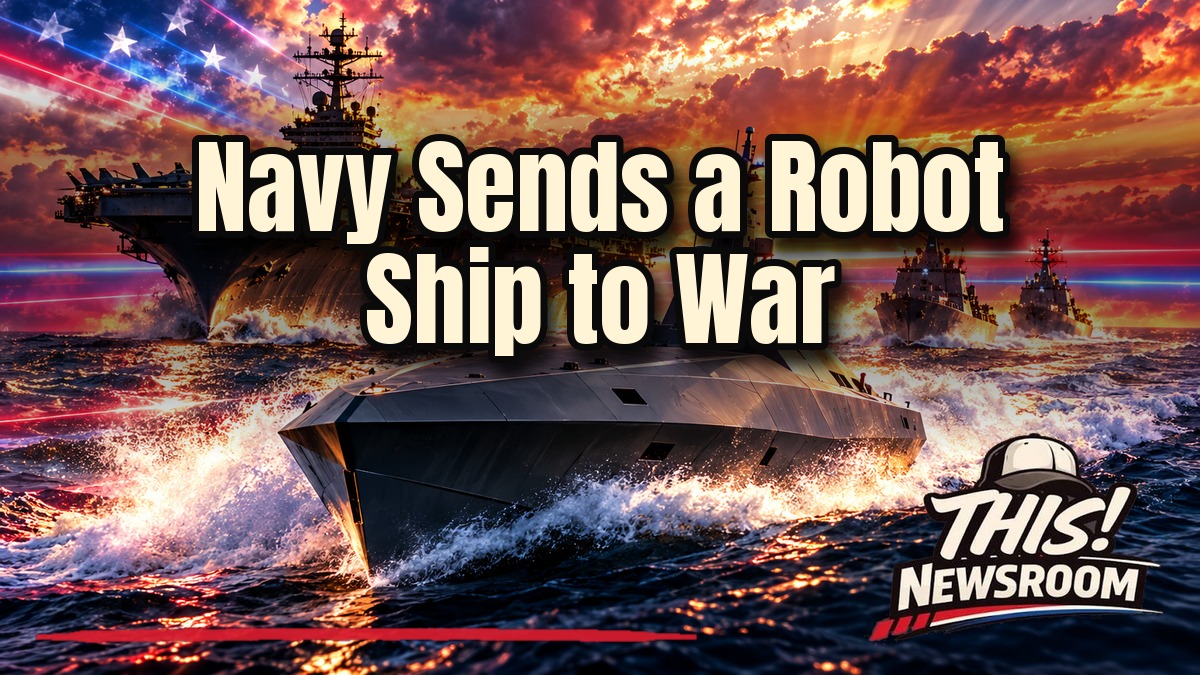 Navy drone ship sailing beside a US aircraft carrier at sunset with warships in formation