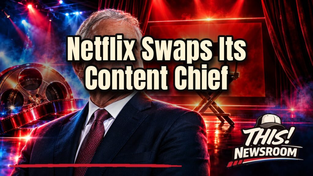 Netflix chief content officer Peter Rice shown in front of a glowing red Netflix logo and a cinema stage