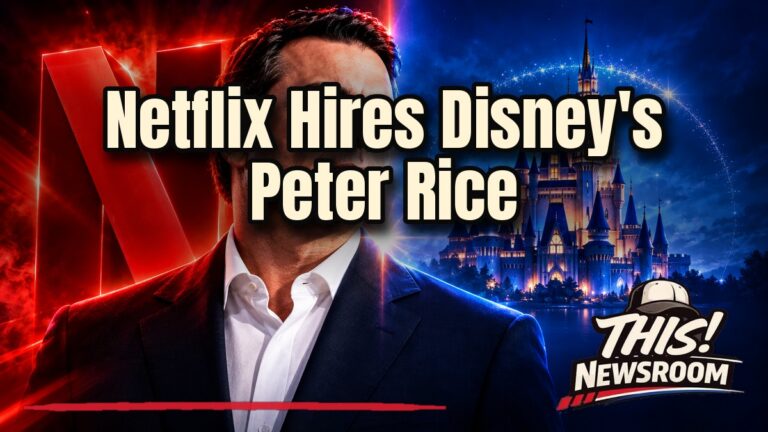 Peter Rice, new Netflix content chief, in front of a glowing red Netflix logo and a cinematic skyline