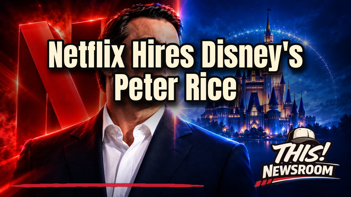Peter Rice, new Netflix content chief, in front of a glowing red Netflix logo and a cinematic skyline