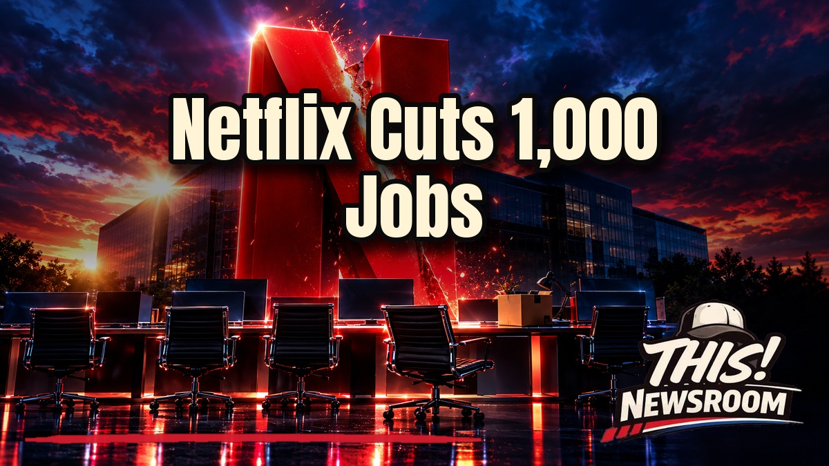 Netflix layoffs shown as a red N logo cracking over a dark corporate office tower at dusk