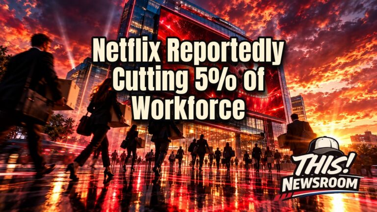 Netflix layoffs concept: a glowing red streaming logo on a dark skyline as employees leave a corporate tower at sunset