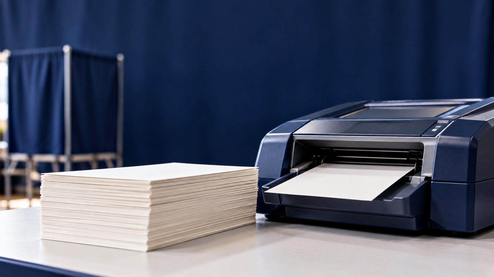 Blank paper ballots stacked beside an optical ballot scanner at a polling site, in navy and ivory tones