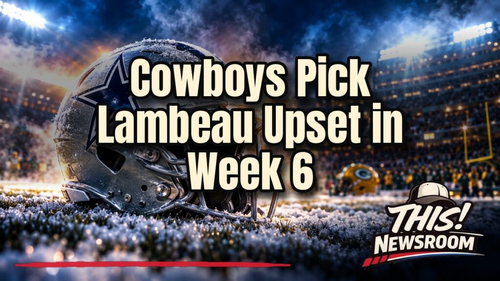 NFL Week 6 predictions graphic with a football on Lambeau Field and a Cowboys helmet in stadium lights