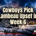 NFL Week 6 predictions graphic with a football on Lambeau Field and a Cowboys helmet in stadium lights