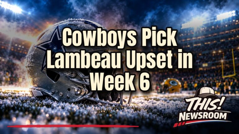 NFL Week 6 predictions graphic with a football on Lambeau Field and a Cowboys helmet in stadium lights