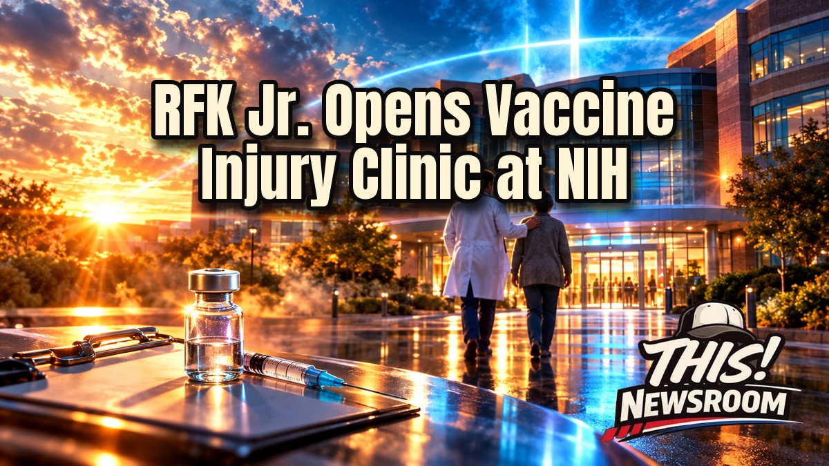 Cinematic illustration of the vaccine injury clinic at NIH headquarters with Health Secretary Robert F. Kennedy Jr. in front of the building at golden hour