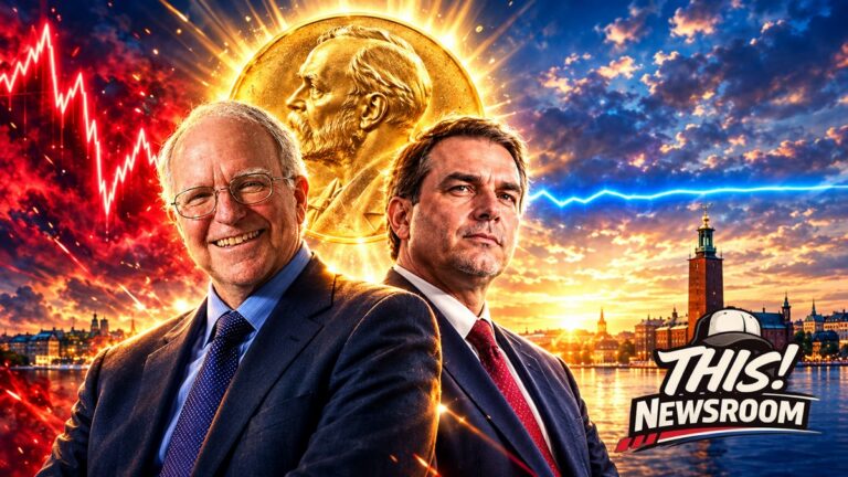 Nobel economics prize gold medal glowing in front of a Stockholm skyline with rising and falling economic charts