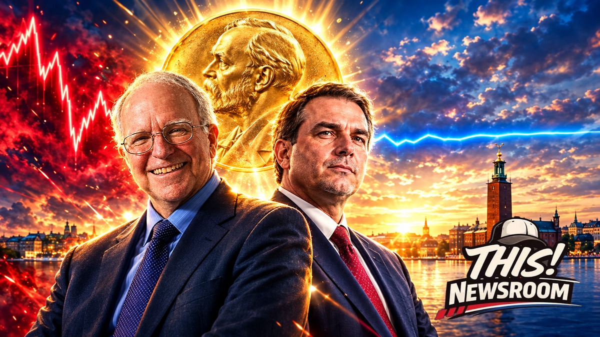 Nobel economics prize gold medal glowing in front of a Stockholm skyline with rising and falling economic charts