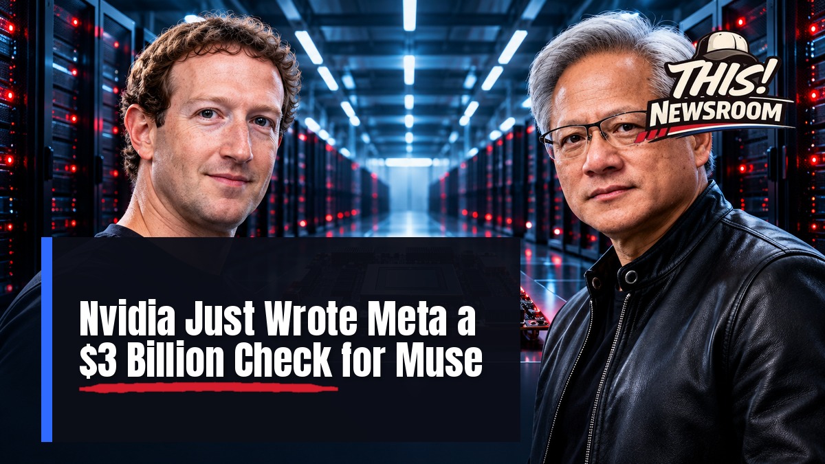 Nvidia investment in Meta shown as Jensen Huang and Mark Zuckerberg portraits over a data center with AI chips