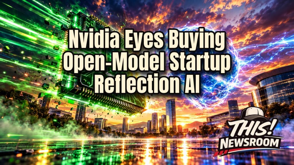 Nvidia Reflection AI deal concept: a glowing green chip and a blue AI neural core facing off over a neon city skyline at dusk